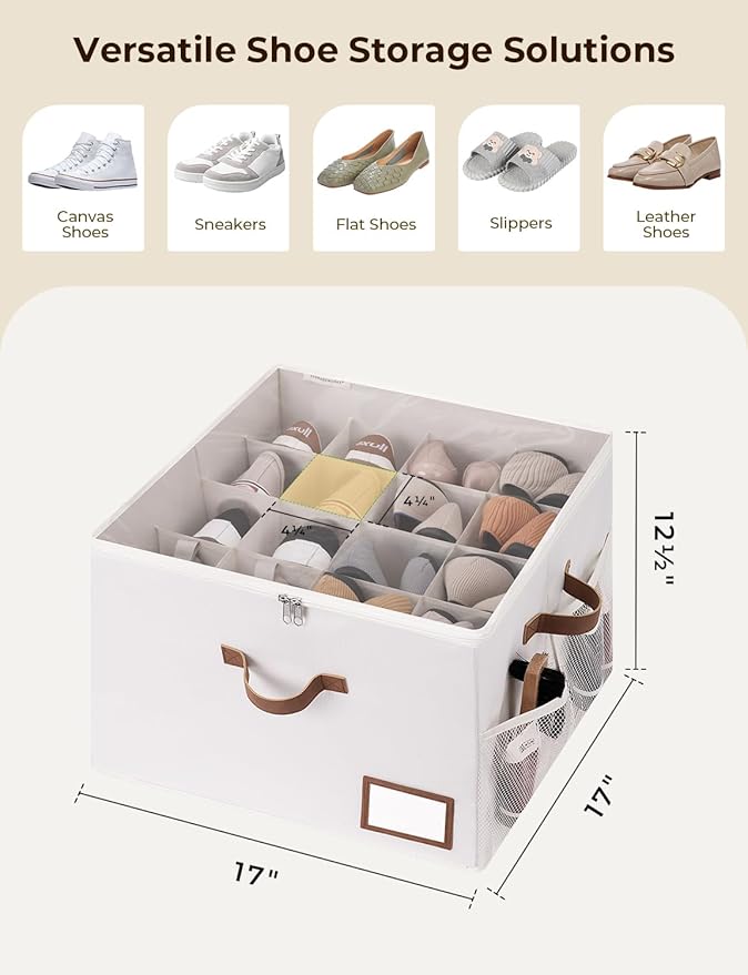 StorageWorks Shoe Organizer for Closet, Shoe Storage Bins with Clear Lid, Fabric Shoe Boxes with Side Mesh Pockets, Closet and Storage Bins for Slippers and Flats, Holds Up to 16 Pairs, Beige