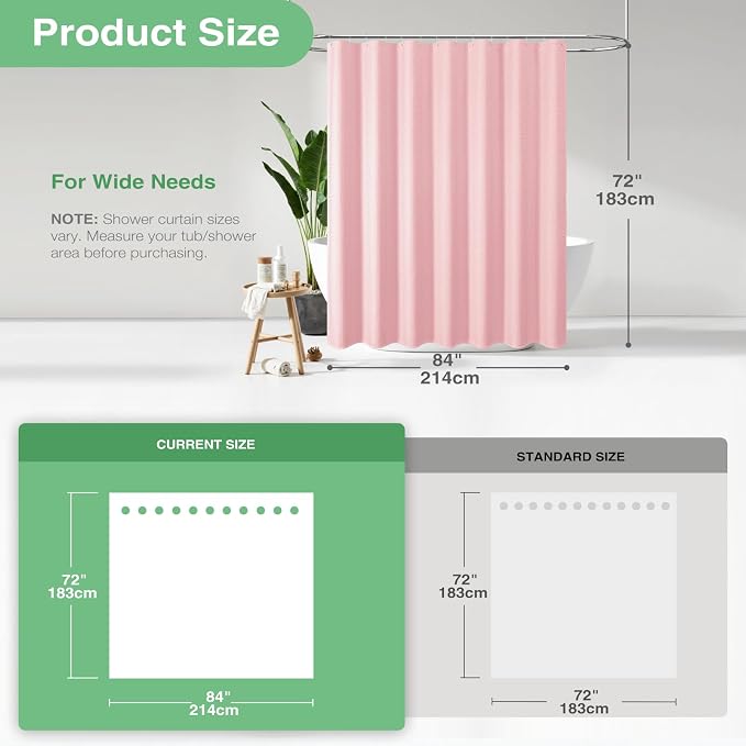 Dynamene Extra Wide Shower Curtain - 84 Inch Wide Waffle Weave Weighted Thick Cloth Bathroom Shower Curtain, Neutral Heavy Duty Hotel Bath Curtain Set with 14 Plastic Hooks, 84x72, Pink