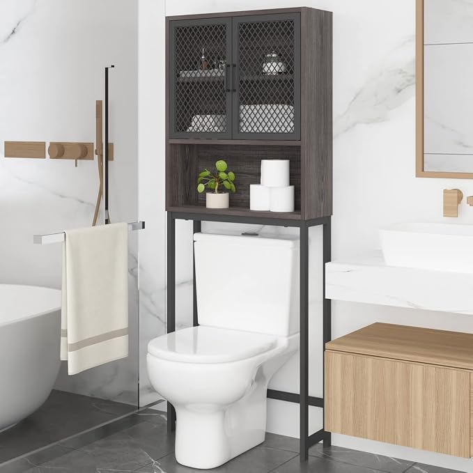 Launica Over the Toilet Storage Cabinet, Over Toilet Bathroom Organizer with Mesh Doors and Shelves, Freestanding Bathroom Storage Cabinet Above Toilet, Wood and Metal, Dark Gray Oak