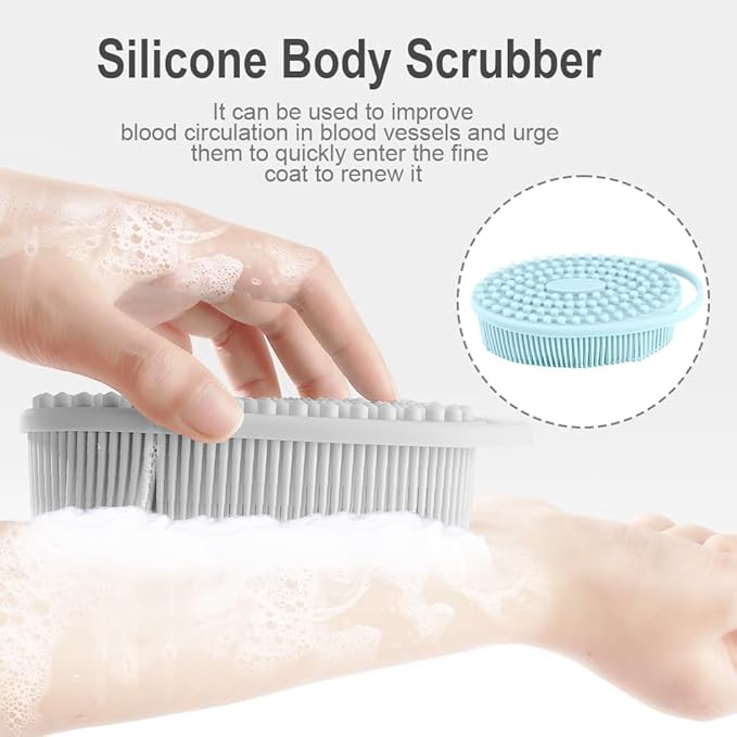 Silicone Body Scrubber, Exfoliating Silicone Loofah, Soft Silicone Body Shower, 2 in 1 Bath and Shampoo Brush, Body Scrubber Shower Cleaning for Sensitive Skin, Lather Well 2 PCS Grey and Blue