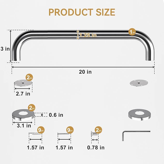 AmazerBath Grab Bars for Bathtubs and Showers Anti Slip, Shower Grab Bars for Seniors Stainless Steel, Handicap Grab Bars, Bath & Shower Grab Bars, Thickened Bar Holds 500LBS, 20" L x 1.25" D