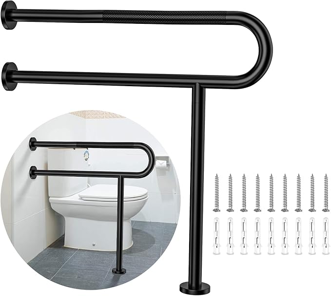 Toilet Support Rail 32 Inch, Munzong Anti-Slip Black Handicap Grab Bar for Bathroom, Stainless Steel Knurled Safety handrails with Leg for Elderly Disabled Pregnant-1.25’Tube