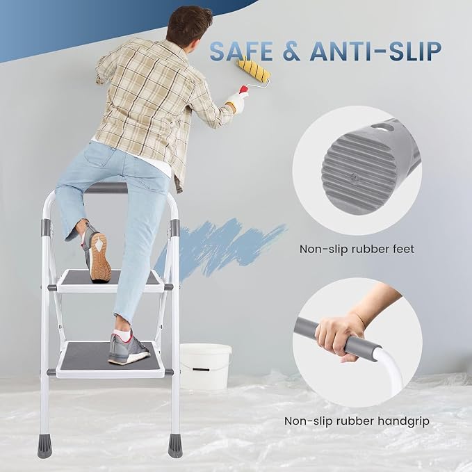 Simple Deluxe 2 Step Ladder, Portable Stool with Wide Non-Slip Pedal, Foldable Step Stool Lightweight for Home Kitchen and Outdoor, Gray