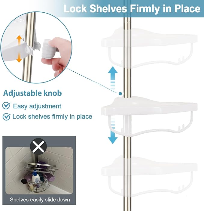 Corner Shower Caddy Tension Pole, Rustproof Bathtub Storage Organizer with 4 Adjustable Shelves, Bathroom Shower Rack Shampoo Holders for Inside Shower, 40"-120" Floor to Ceiling Shower Caddy Silver