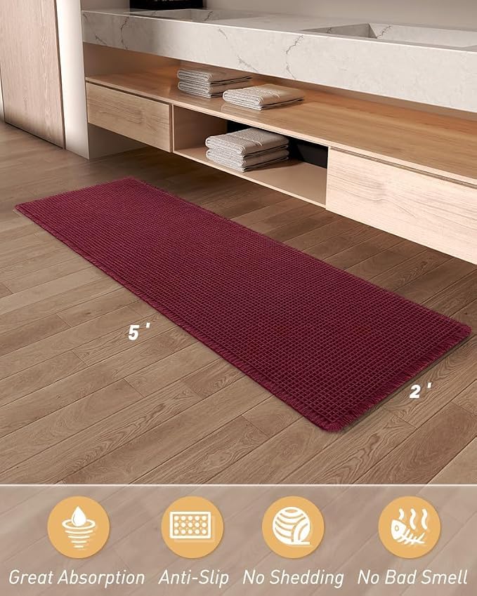Upgraded Waffle Runner Rug, Super Absorbent Non Slip Bath Mats for Bathroom Floor, Washable Bathroom Runner Rug with Tassels, Ideal for Hallway Bedroom Laundry Room, Burgundy, 2'x 5'(24" x 60")