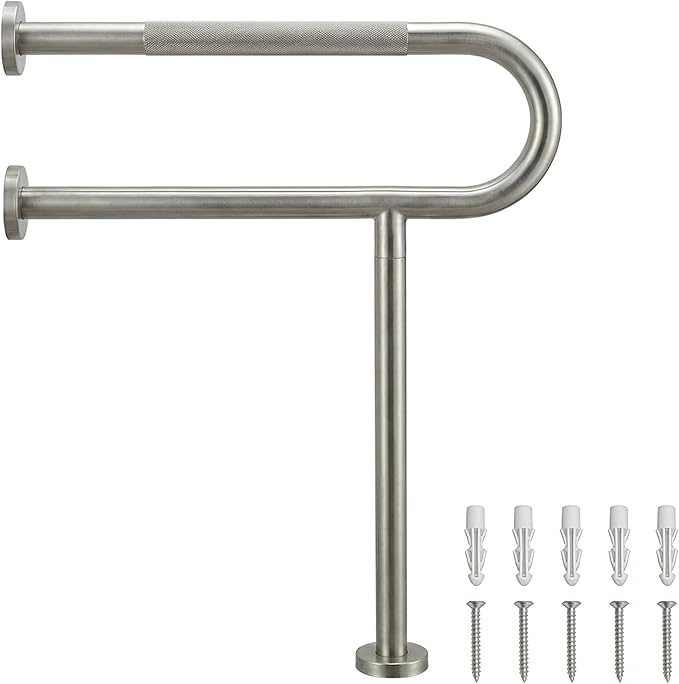 30 Inch Toilet Grab Bar with Leg for Bathroom, Wall & Floor Mounted Stainless Steel Handicap Grab Bar, Brushed Nickel Anti-Slip Knurled Grip, Safety Rail for Elderly, Disabled and Pregnant