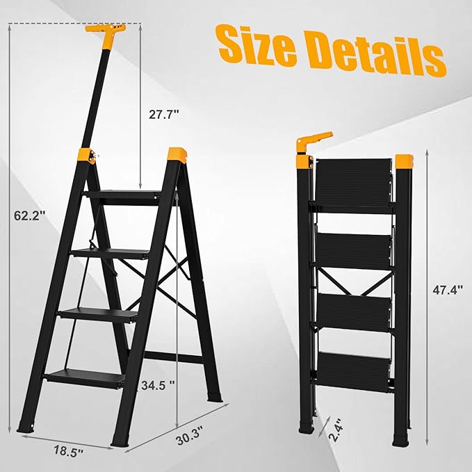 4 Step Ladder with Single-Handrail, Aluminum Step Stool Foldable, Lightweight Sturdy Step Ladder with Anti-Slip Pedals,Convenient Handrail for Home Kitchen Closet, 600lbs Max Load Capacity (Yellow)