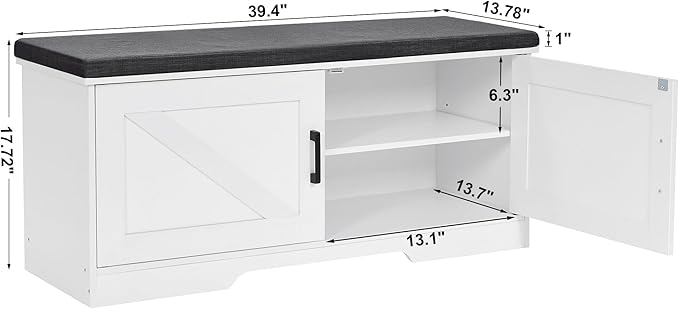 HOMSHO 2-Tier Storage Bench, 39.4" Wide Shoe Bench with Padded Seat Cushion, Entryway Bench with 2 Barn Doors and Adjustable Shelf, White