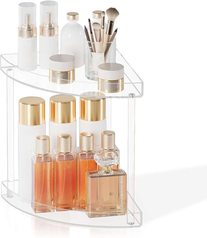 Bathroom Counter Organizer Countertop 2 Tier Storage Acrylic Corner Makeup Organizer for Makeup, Perfume, Vanity, Spice Rack, Bathroom Sink, Coffee Station(Clear)