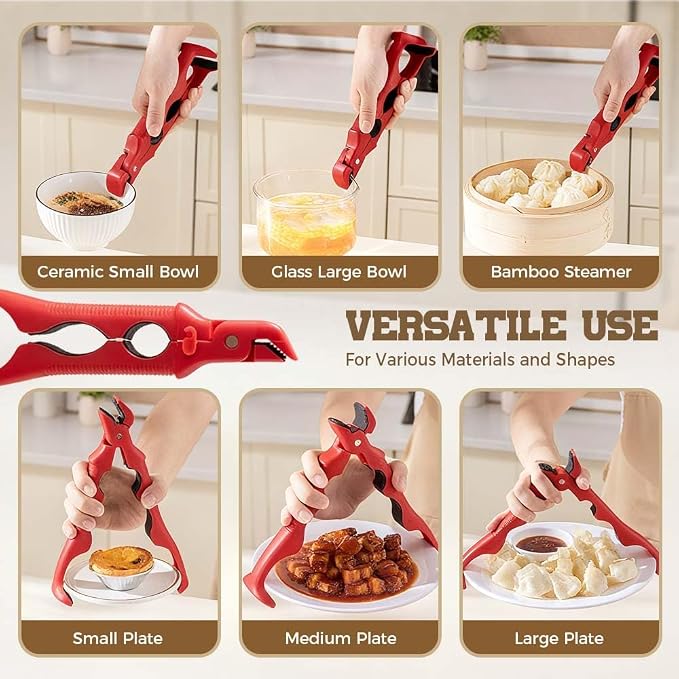 3-in-1 Hot Plate Gripper, 2025 NEW Multi-Angle Anti-Scald Bowl Holder Clip & Hot Plate Grabber Tool with Lock for Hot Bowl Cozy Holder, Hot Plate Gripper Tongs (Red 1PCS)