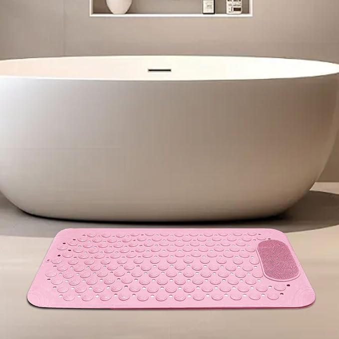 Bath Tub Shower Mat, 27x14 inch Non Slip Bathtub Mat with Suction Cups, Anti Slip Shower Mat with Drain Holes Suction Cups,Shower Foot Scrubber Mat Foot Massage BathMat (Pink)