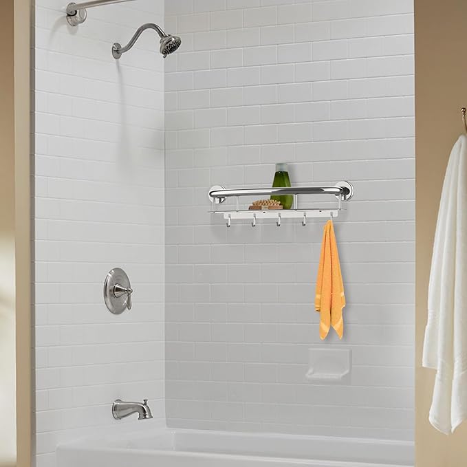 Polished Chrome Shampoo Shelf Grab Bar 18 Inch, Zepolu Stainless Steel 2-in-1 Decorative Grab Bar w/Tray, Bath and Shower Safety Handle, Wall Mounted Handrail Balanced Support Assist Bar for Senior