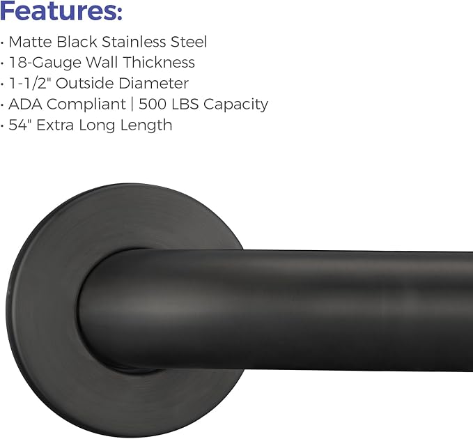 Stardrix 54-Inch ADA Compliant Grab Bar, 1.5" Diameter, Concealed Mounting Flanges, Handicap Friendly, Commercial & Residential Bathrooms, Matte Black Stainless Steel