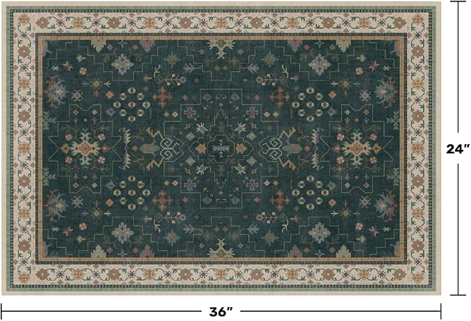 Dark Green 2x3 Door Mat Indoor Entrance Rug - Small Throw Area Rugs for Entryway, Kitchen, Bathroom, Bedroom, Laundry Room - Vintage Boho Eclectic Floral, Washable Low Pile Non-Slip