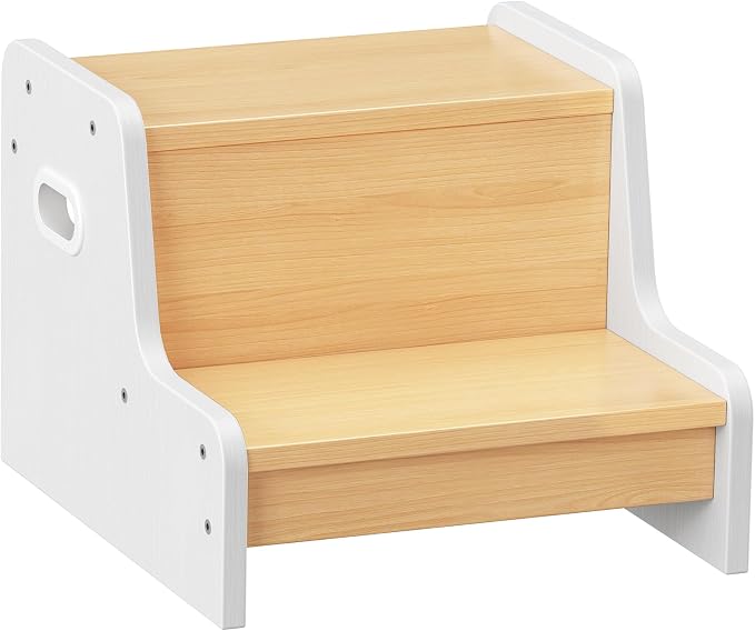 HOOBRO Step Stool for Kids, Two Step Toddler's Stool, Kids Potty Training Stool with Handles, Non-Slip Pads for Safety, Easy to Move, for Sink, Bathroom, Bedroom, Natural and White WN01JD01G3