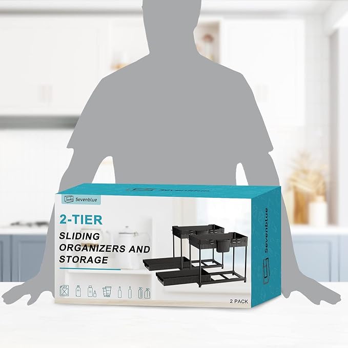 Sevenblue 2 Packs Under Sink Organizer, Height Adjustable 2 Tier Under Kitchen Sink Organizer, Multi-Purpose Storage Shelf for Kitchen Bathroom Cabinet, Deep-Black,12.85 Inches