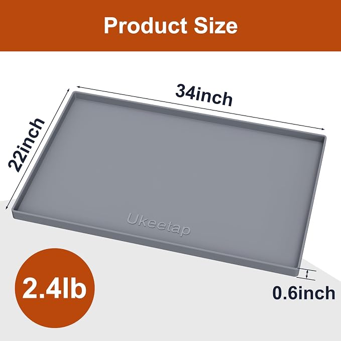 ukeetap Extra Thick Silicone Mat Waterproof with Raised Edge 34" x 22", Under Sink Mat for Kitchen & Bathroom, Kitchen Cabinet Liner, Multi-Purpose for Storage & Protection, Gray