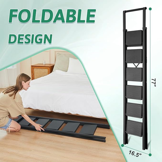 6 Step Ladder with Handrails, Heavy Duty Ladders for Home & Kitchen, Folding Ladder Easy to Store, Tall Ladder for Adults, Anti-Slip & Space-Saving Step Ladder, 330 Lbs Capacity