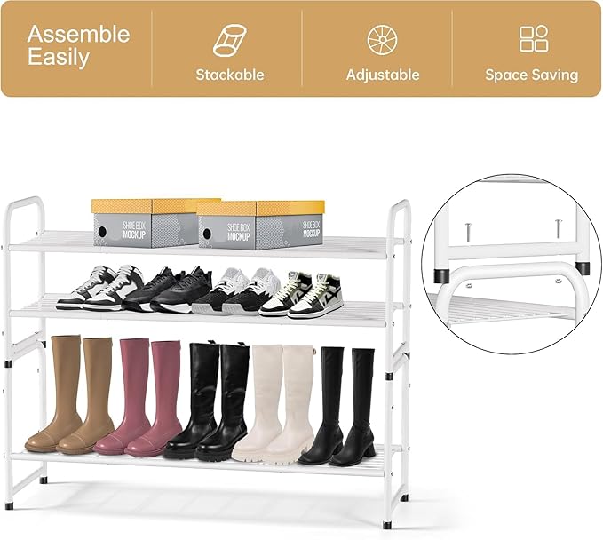 KEETDY 2-Tier Long Shoe Rack for Closet Metal Shoe Organizer for Entryway, Wide Stackable Shoe Storage Shelf with Sturdy Wire Grid for Closet Floor, Bedroom, White