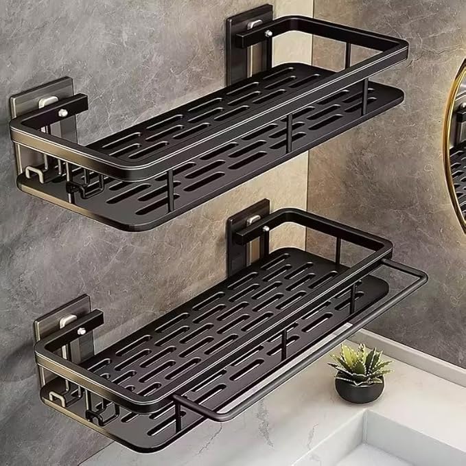 EVALAND Shower Caddy Adhesive 2-Pack with Hooks and Rod for Towels, Black – Premium Bathroom Shower Shelves, Shampoo Organizer, Bathtub Shelf, Rustproof, Easy Installation, Sturdy Modern Look
