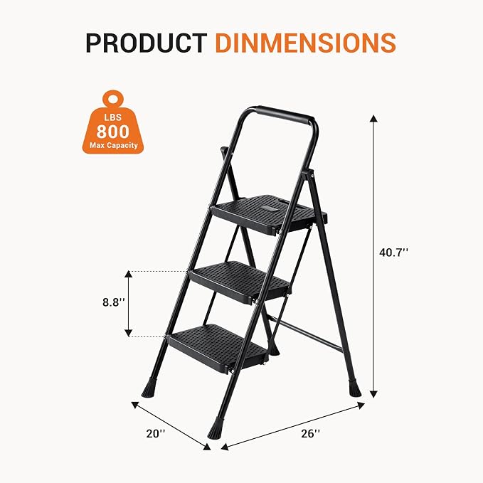 Sweetcrispy Folding 3 Step Ladder Stool - Lightweight, 800lbs Sturdy, with Anti-Slip Feet - Perfect for Home, Kitchen, and Office Use, Easy Storage and Portable Design