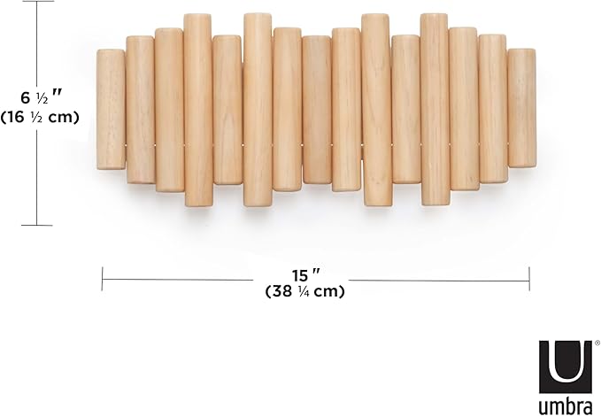 Umbra Picket Wall-Mounted Coat Rack Rail Hook with 5 Retractable Wood Pegs – Modern, Space-Saving Storage Organizer, Natural (Pack of 3)