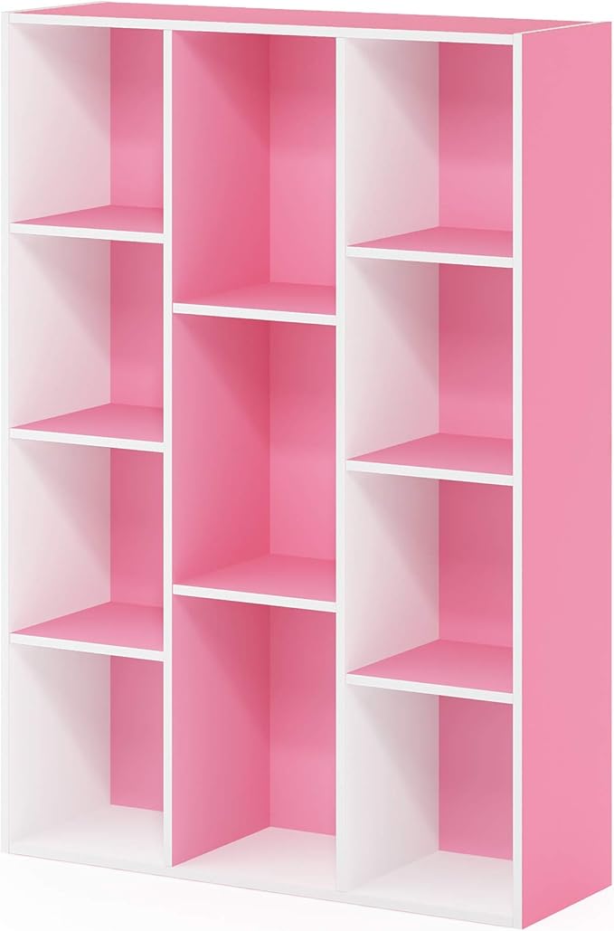 Furinno LUDER Book Shelf, 11-Cube Bookshelf, Reversible Bookcase, 9.4 x 29.1 x 41.7, Easy Assembly, for Living Room, Bedroom, Home Office, White/Pink