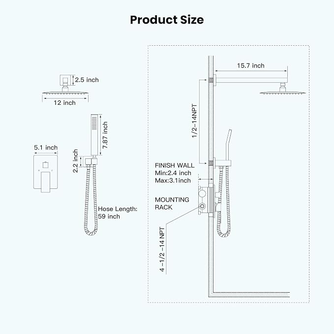 gotonovo Rainfall Bathroom Shower System Rain Shower Head and Handle Set Wall Mounted Shower Complete Combo Solid Brass Pressure Balancing Shower Mixer Valve 12 Inch Brushed Gold