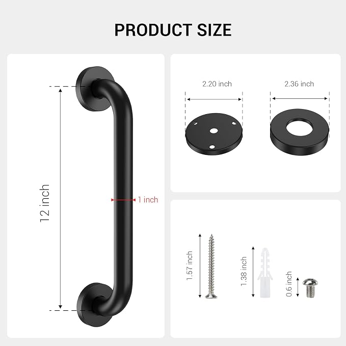 12 Inch Grab Bars for Wall Black, Safety Shower Grab Bars for Seniors Elderly Handicapped, Handicap Grab Bars for Shower with Concealed Screws, Tesuchan