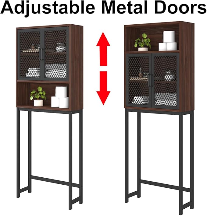 Launica Over the Toilet Storage Cabinet, Over Toilet Bathroom Organizer with Mesh Doors and Shelves, Freestanding Bathroom Storage Cabinet Above Toilet, Wood and Metal, Walnut
