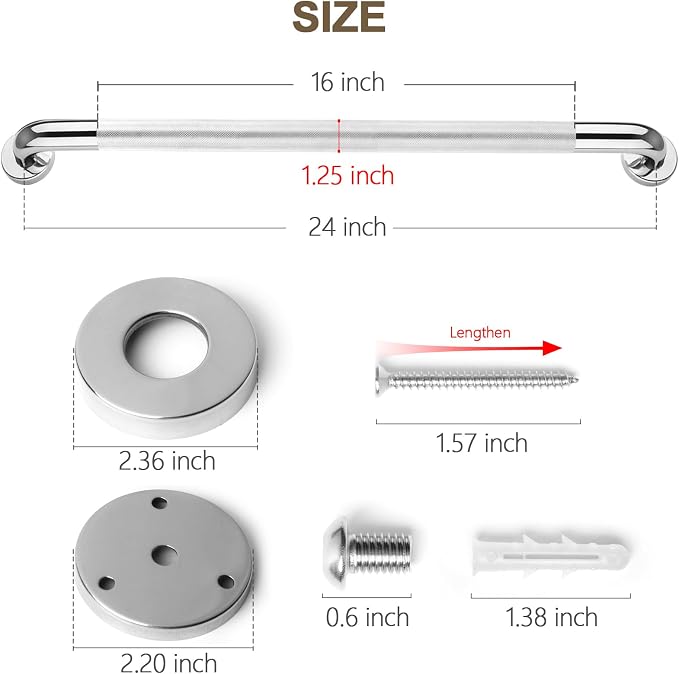 2 Pack Grab Bars for Elderly for Wall, Fit for 24 Inch Studs, Knurled Anti-Slip Bathroom Shower Grab Bars for Seniors, Safety Handicap Grab Bars for Shower, Shower Handles for Elderly, Tesuchan