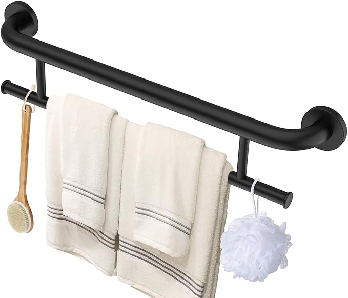 Black Towel Grab Bar 24 Inch - 1.25” Diameter, Zepolu Stainless Steel Safety Bar w/Towel Holder for Bathroom, Shower Assist Balanced Support Handle, Wall Mounted Towel Rack for Senior Elderly Handicap