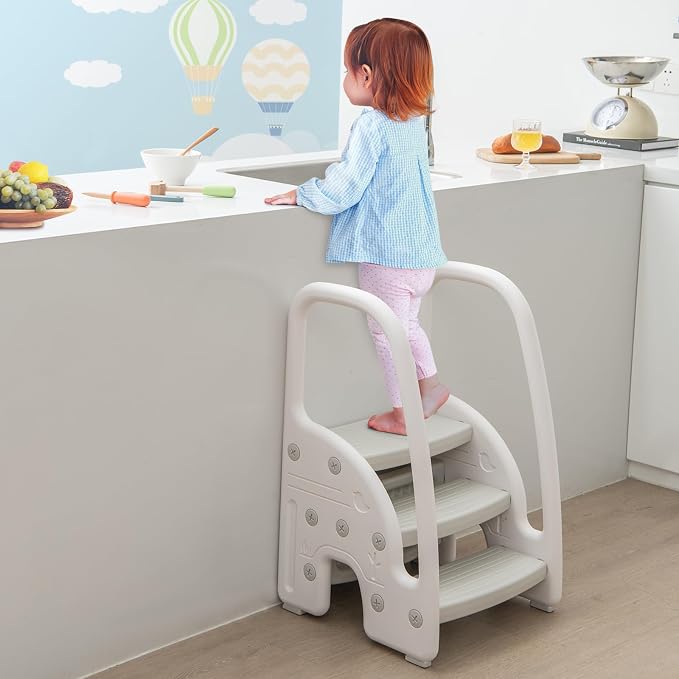 Costzon 3-Step Stool for Toddlers, Children Step Up Leaning Helper with Safety Handles, Non-Slip Pedals, Kids Standing Tower for Kitchen Counter, Bathroom Sink, Toilet Potty Training (Grey)