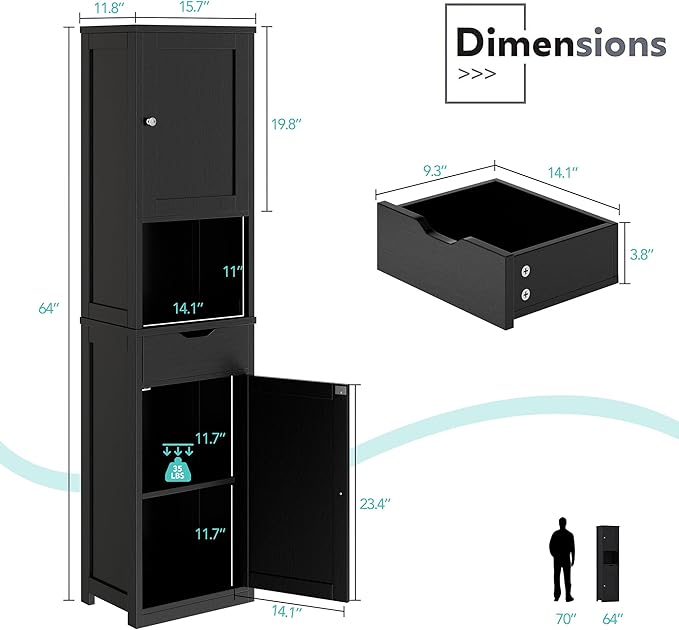 Vongrasig Tall Bathroom Storage Cabinet, 64”H Narrow Storage Unit for Small Spaces, Freestanding Modern Cabinet with Adjustable Shelves for Bathroom, Living Room, Black