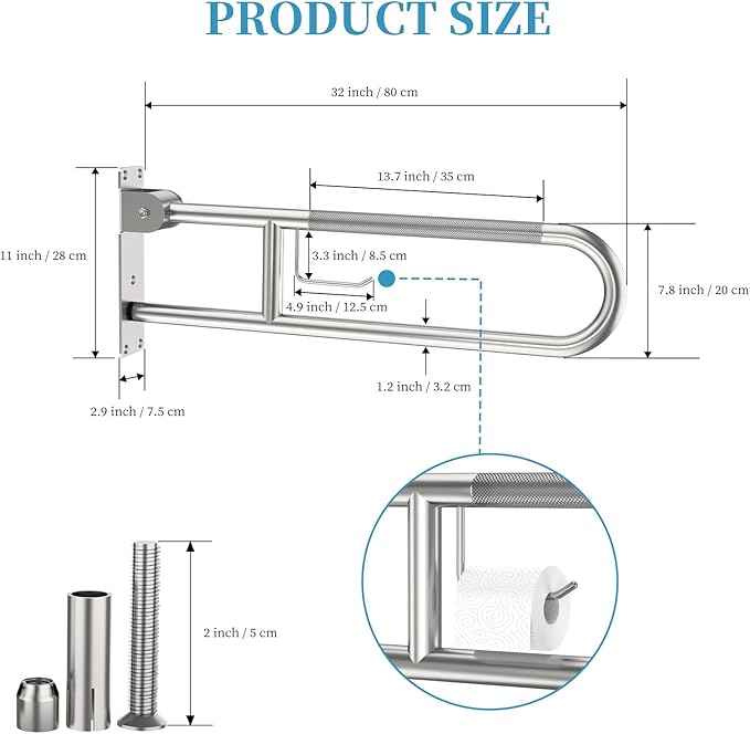 Toilet Grab Bar 30.3 Inch, Munzong Anti-Slip Handicap Grab Bars with Paper Holder, Flip-Up Bathroom Toilet Safety Rails, Stainless Steel Knurled Support handrails for Seniors Elderly Disabled Pregnant