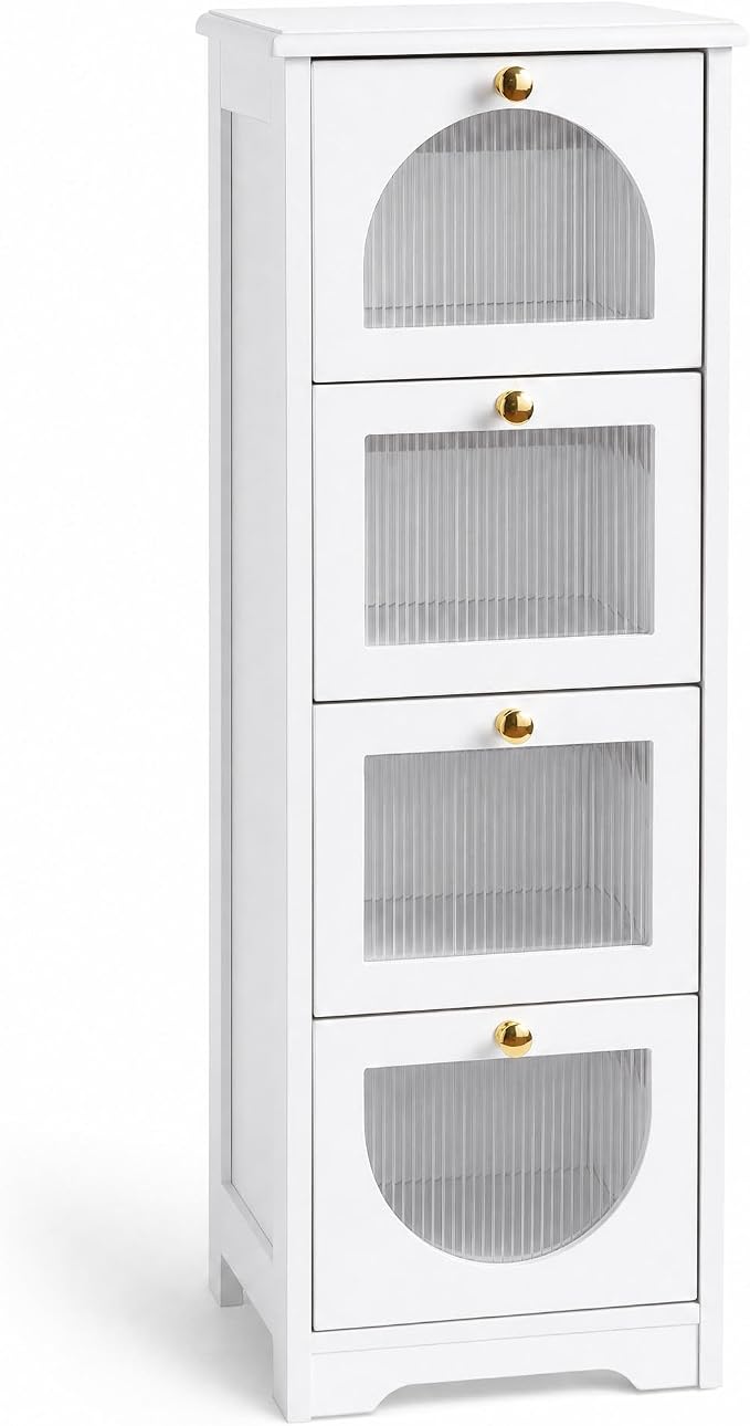 Garvee Bathroom Floor Storage Cabinet, Freestanding Storage Organizer with 4 Drawers for Narrow Spaces, Small White Side Cabinet for Living Room Hallway, 11.8" W x 11.8" D x 33.1" H