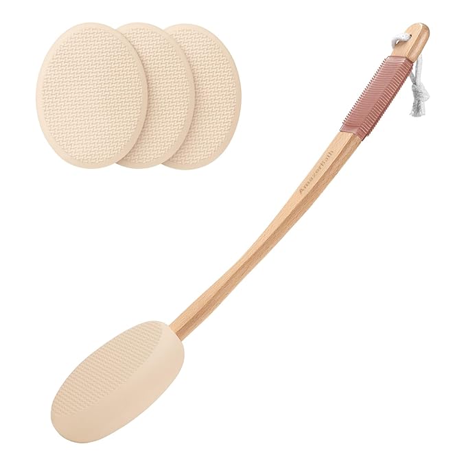 AmazerBath Lotion Applicator for Back, Feet, 4 Replacement Pads with 17" Curved Handle, Back Sunscreen Applicator for Kids, Elderly, Women, Apply Skin Cream Medicine Moisturizer Tanner, Ivory White