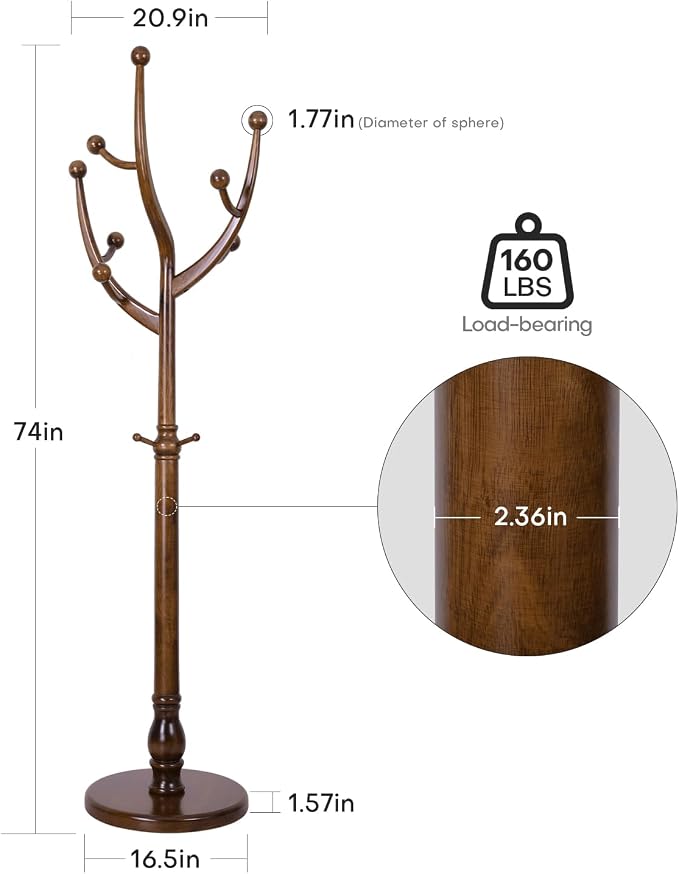 Bekrvio Coat Rack Freestanding Coat Tree with Sturdy Round Base, Unique Coat Hanger Stand, Heavy Duty Standing Coat Rack Clothes Stand for Winter Jacket, Hat, Entryway/Hallway/Bedroom, Walnut