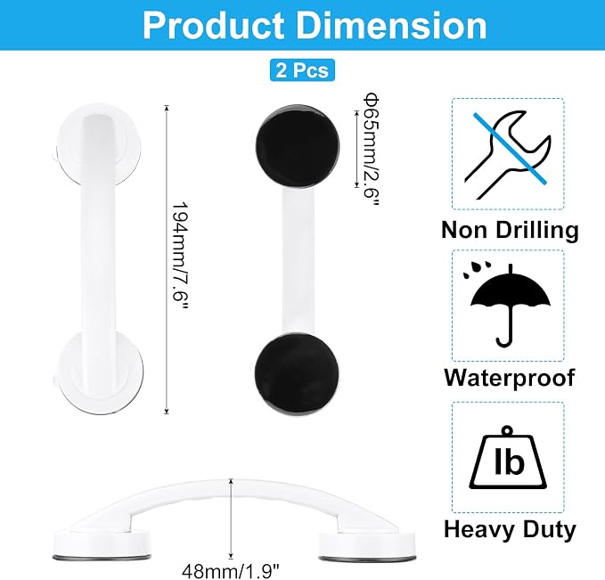 uxcell 2pcs Grab Bars for Bathtubs and Showers, 7.6" Mirror Glass Door and Window Handles Powerful Shower Suction Cup Anti-Slip Safety Bars for Senior Shower Chairs White