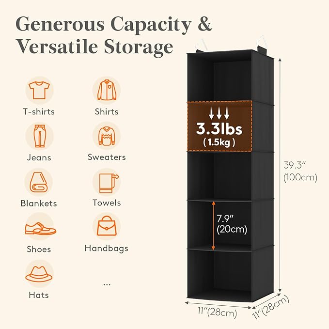 Lifewit 5 Tier Hanging Closet Organizer and Storage for Shelves, Foldable Clothes Shelf with 2 Sturdy Hooks, Sweater/Coat/Shoes Clothing Organization for Wardrobe, Dorm, Bedroom, Black