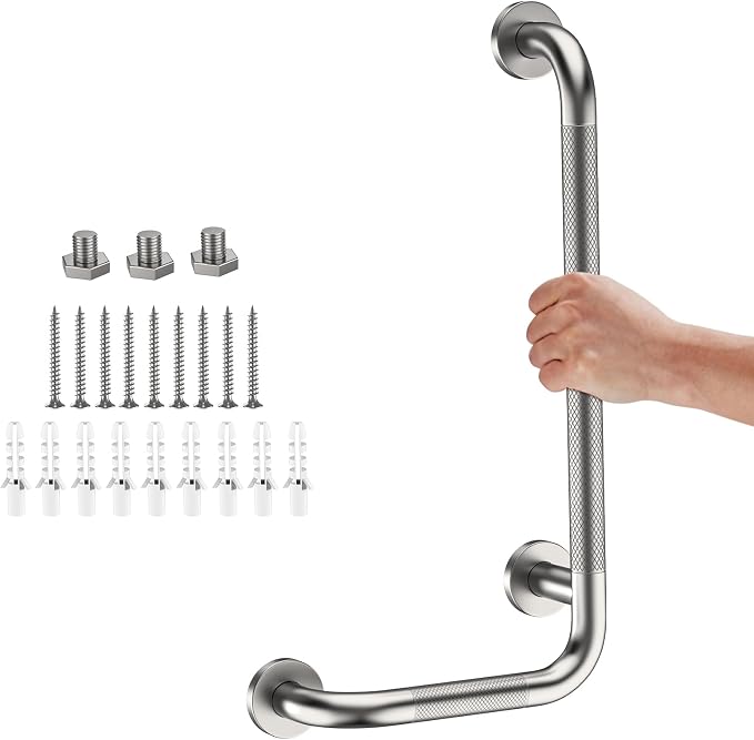 Brushed Nickel Angled Grab Bar 12x24 Inch, iHansee Bathroom Safety Bar w/Anti-Slip Knurled Grip, Wall Mount L-Shaped Shower Handle for Elderly Senior Handicap, Toilet Bathtub Balance Support Bar