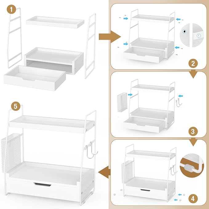 2-Tier Bathroom Counter Organizer with Drawer and Removable Basket, Wood Vanity Countertop Storage for Perfume, Makeup, Skincare, Bathroom Counter Shelf, 13" x 7.9" x 14.5", White