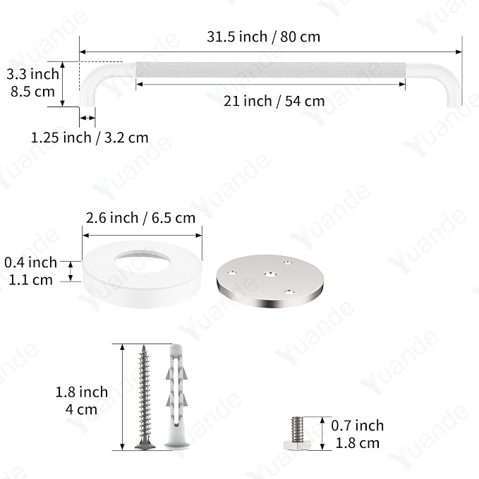 32 Inch White Shower Grab Bar with Anti-Slip Knurled Grip,YuanDe Stainless Steel Bathroom Grab Bars，Shower Handrail Support, Handicap Elderly Balance Assist Handles