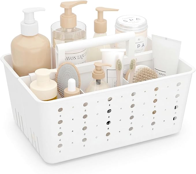 Lifewit Shower Caddy Portable, Caddy Organizer with Handle and Adjustable Dividers, Plastic Shower Basket for Dorm Room Essentials, College, Bathroom, White, 1 Pack