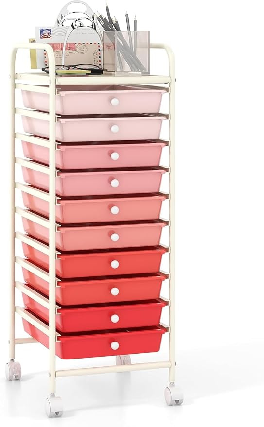 10-Drawer Rolling Storage Cart, Trolley w/Lockable 360° Wheels, 10 Removable PP Drawers, Sturdy Metal Frame, Rolling Utility Cart Perfect for Home, Office, Classroom (Mixed Pink)