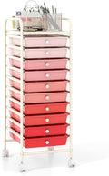 10-Drawer Rolling Storage Cart, Trolley w/Lockable 360° Wheels, 10 Removable PP Drawers, Sturdy Metal Frame, Rolling Utility Cart Perfect for Home, Office, Classroom (Mixed Pink)