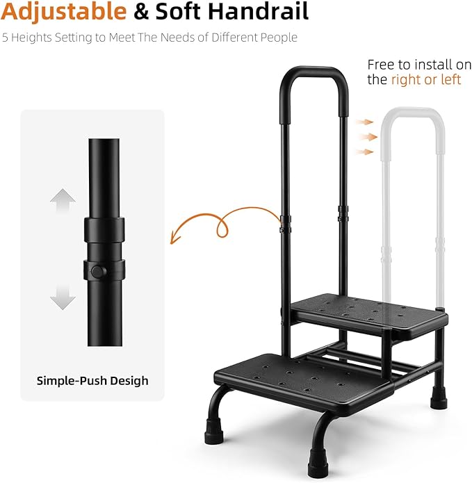 Step Stool with Handle, Non Slip Platform and Adjustable Handrail, Two Step Stool for Ederly, Adults and Handicap, Heavy Duty Foot Stool for High beds, Kitchen, Bathtub