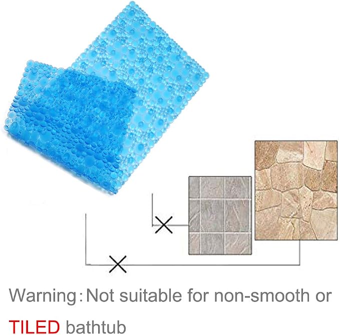 Extra Long Pebble Bath Tub Shower Mat 34.2 x 15.7, Bathmat Non-Slip with Suction Cups, Machine Washable, Bathroom Mats, Smooth/Non-Textured Surface Only (34.2" x 15.7", Transparent Blue)