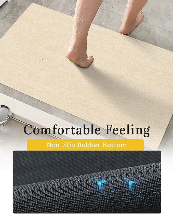 Mecko Bath Mat, Ultra Absorbent Quick Dry Bathroom Floor Mats-Rubber Non-Slip Thin Bathroom Rug Fit Under Door, Faux Suede Surface Shower Rug for Bathtub, Sink, Shower Room(Beige,20"x32")