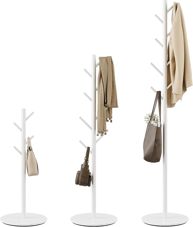 Coat Rack with 8 Hooks, 3 Adjustable Heights, Modern Hall Tree, Sturdy Metal Clothes Stand with Sintered Stone Base for Entryway, Office, Bedroom, for Coats, Hats, Handbags and Scarves, White